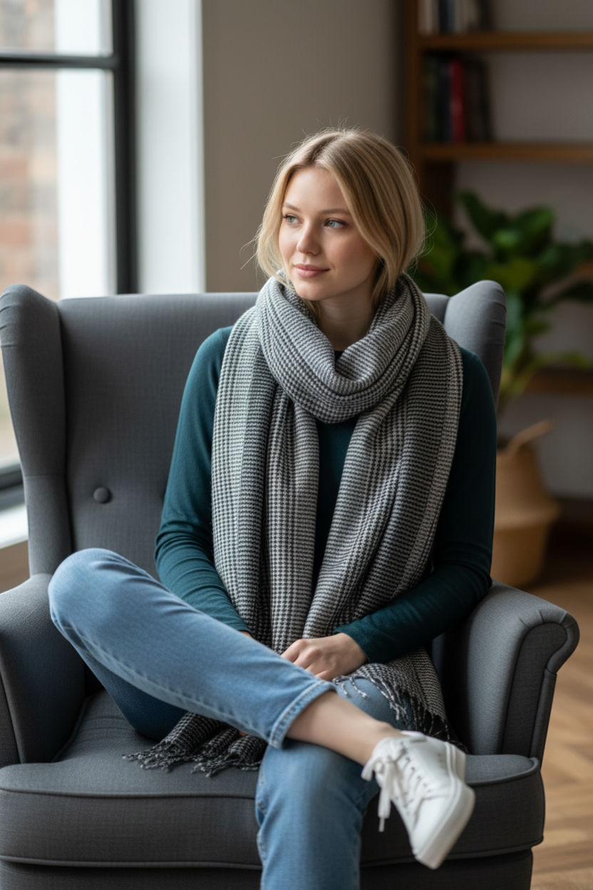 Black & White Fine Check Wool Stole